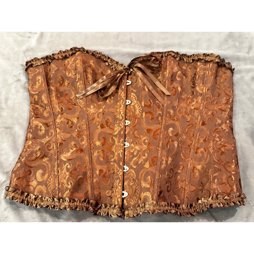 Bronze Brown Damask Jacquard Ruffle Corset Top Victorian Steampunk 2XL